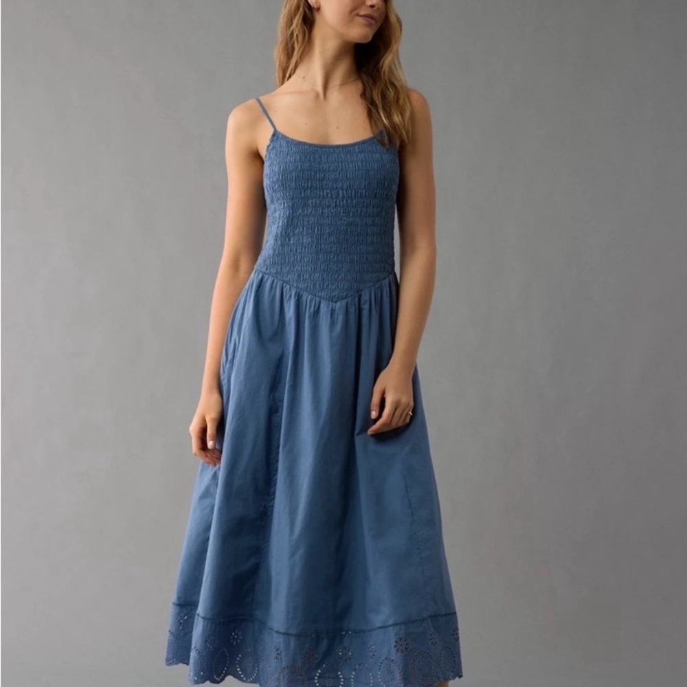 American Eagle Smocked Midi Dress with Eyelet Hem